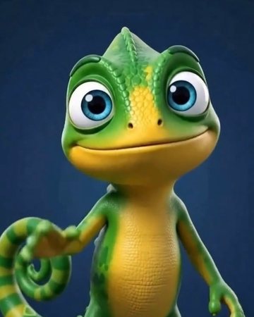 Cami, Lingo4all's chameleon mascot, smiling against a dark blue background.