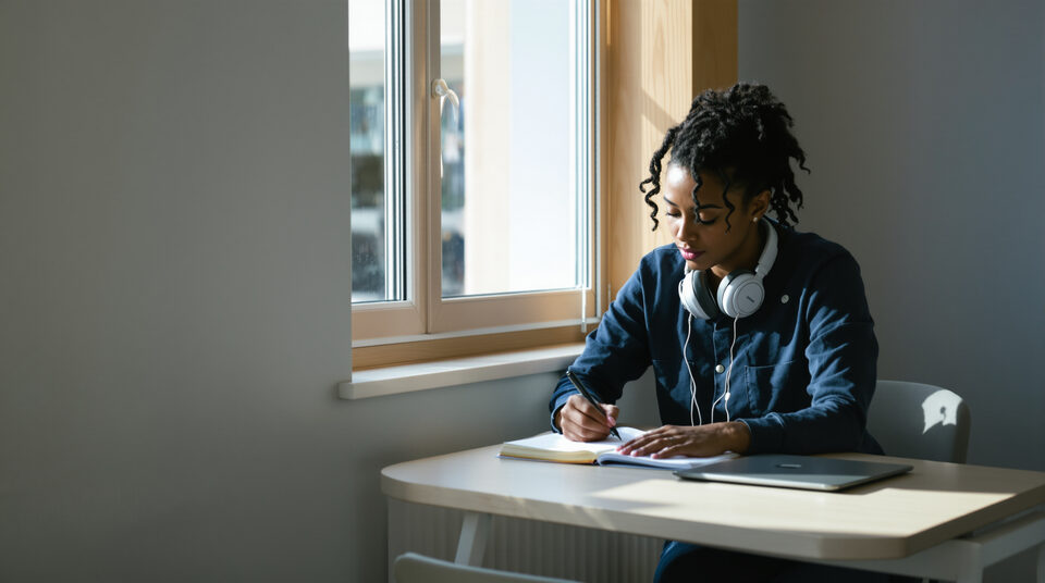 Young woman studying intently on a laptop in a bright, quiet room.