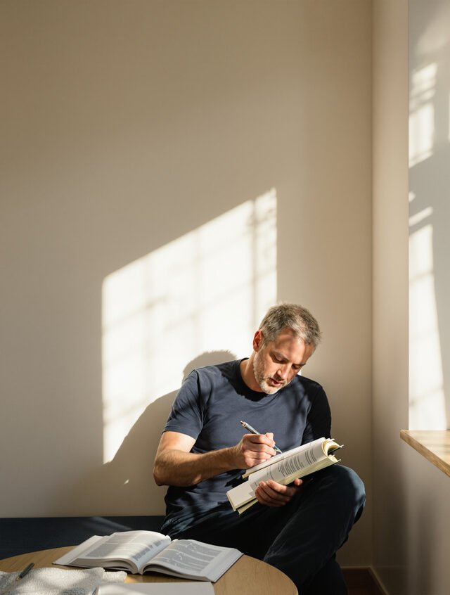 Middle-aged man sitting in a sunlit reading corner, writing notes in a paper notebook.