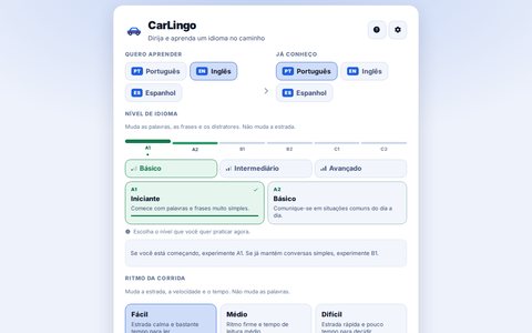 CarLingo set-up screen: choose the language you want to learn, the language you already know and the level from A1 to C2.
