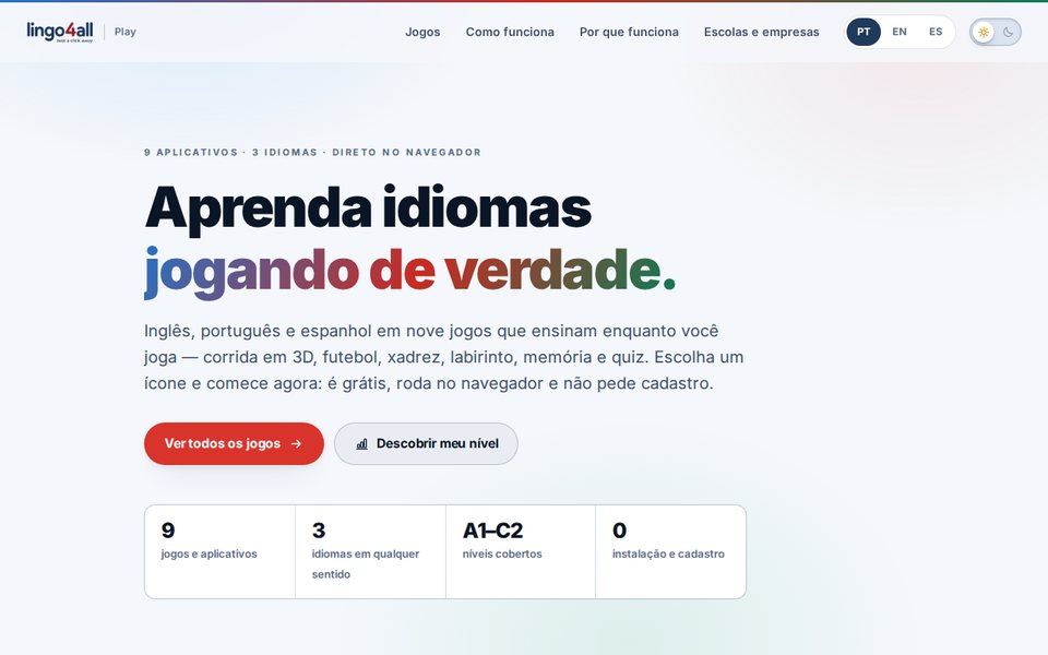 Lingo4all Play home page: “Aprenda idiomas jogando de verdade”, with buttons to see all games and find your level.