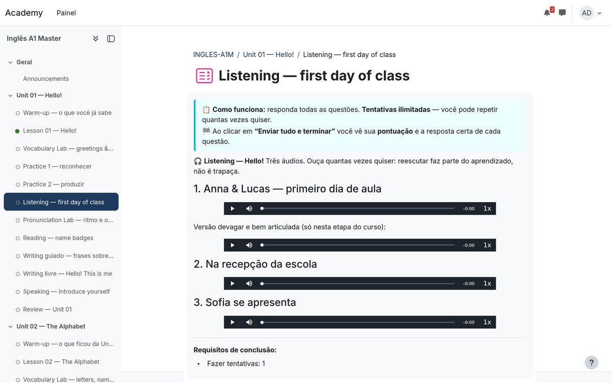 Real screen of the Listening — first day of class activity: three audio clips with a player, including a slow, clearly articulated version, and the note that re-listening is part of learning.