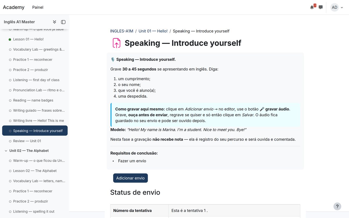 Real screen of the Speaking — Introduce yourself activity: the brief asks for a 30-to-45-second recording introducing yourself in English, explains how to record inside the activity and shows a model answer.