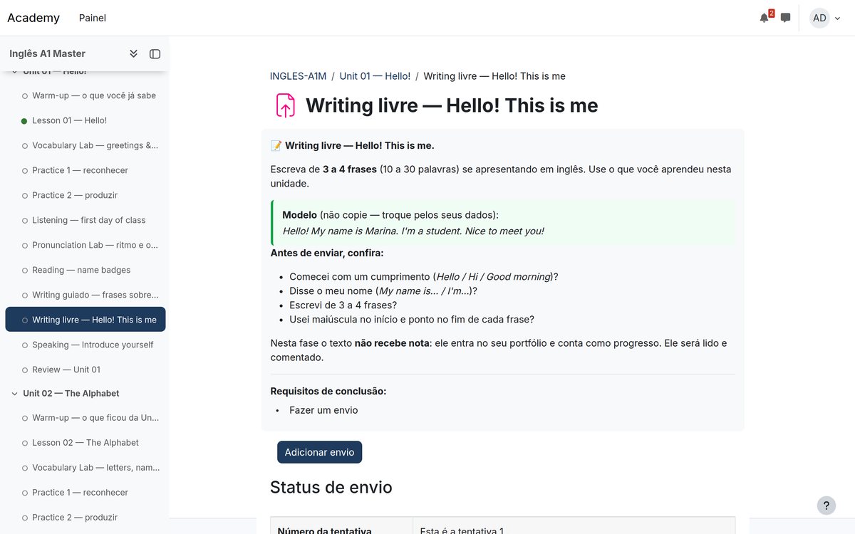 Real screen of the free Writing — Hello! This is me activity: the brief asks for three to four sentences, between 10 and 30 words, introducing yourself in English, and shows the submit button.